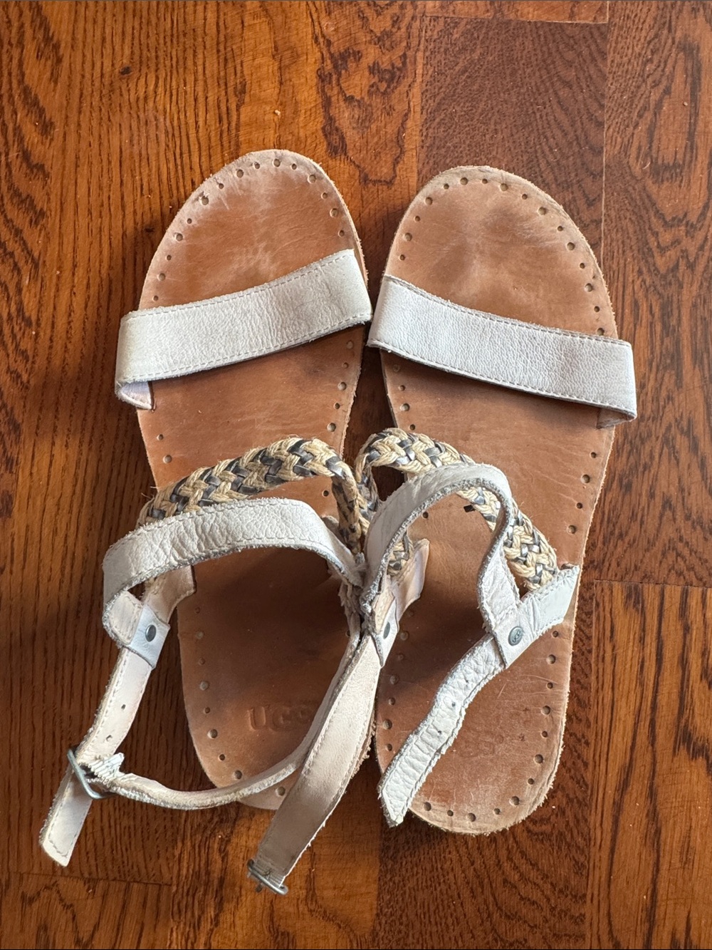 UGG Women's Braided Strap Leather Sandals in Off-White and Tan